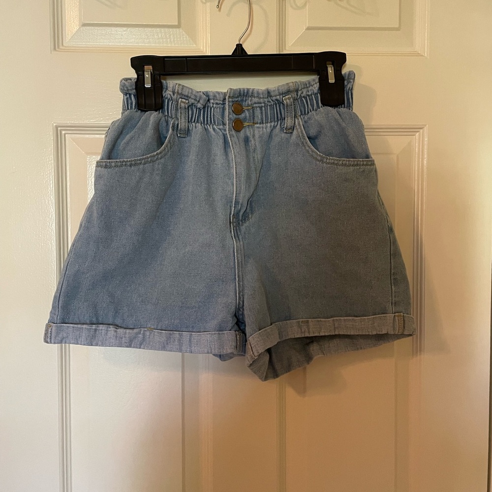 Plaid & Plain Women's High Waisted Denim Shorts Rolled Jean Stone Size Meduim